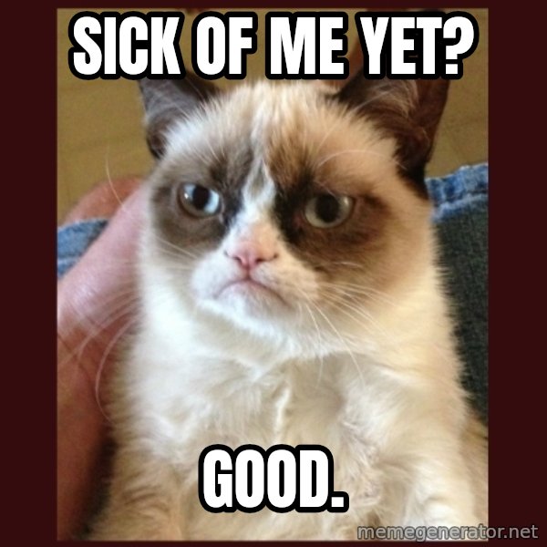 Grumpy Cat  meme: SICK OF ME YET? / gOOD.
