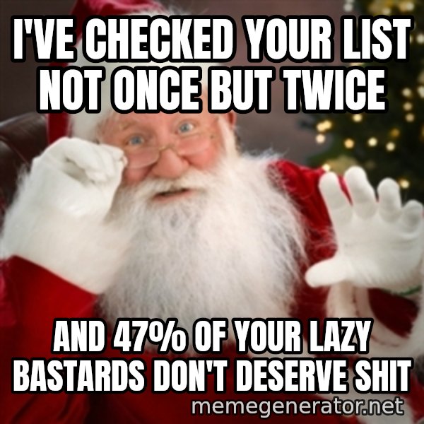 Santa claus meme: I've checked your list not once but twice / And 47% of your lazy bastards don't deserve shit