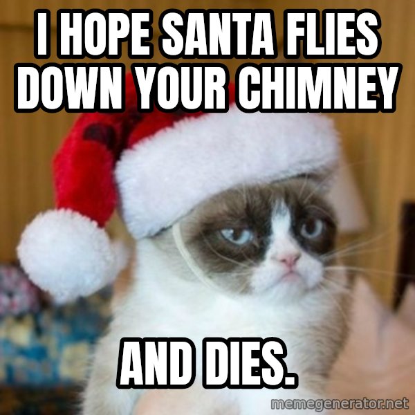 Grumpy Cat Santa Hat meme: i hope santa flies down your chimney / and dies.