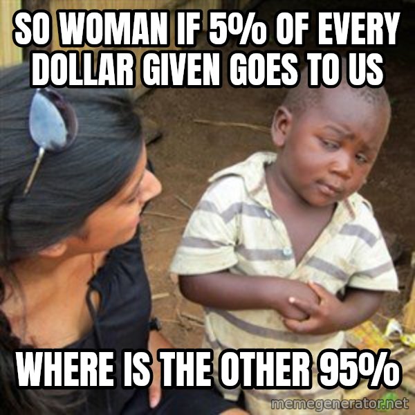 Skeptical 3rd World Kid meme: so woman if 5% of every dollar given goes to us / where is the other 95%