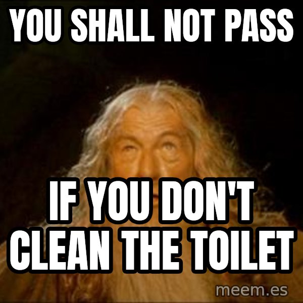 Gandalf meme: You shall not pass / If you don't clean the toilet