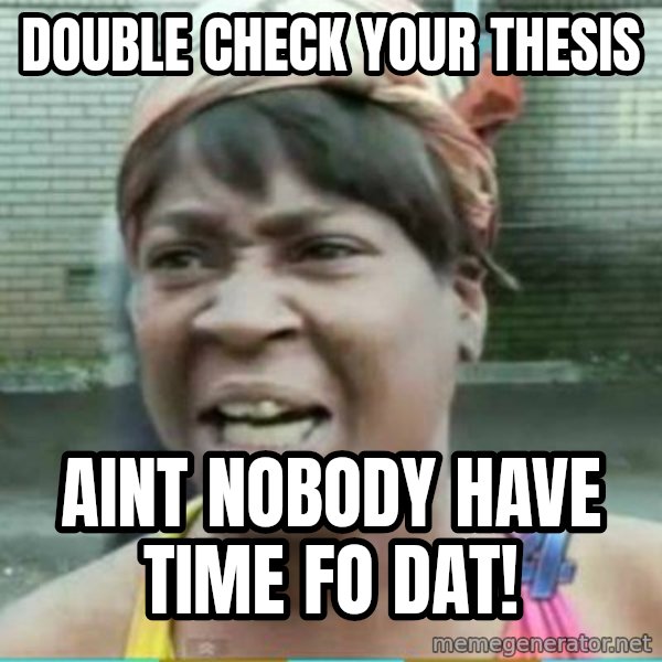 Sweet Brown Meme meme: double check your thesis / aint nobody have time fo dat!