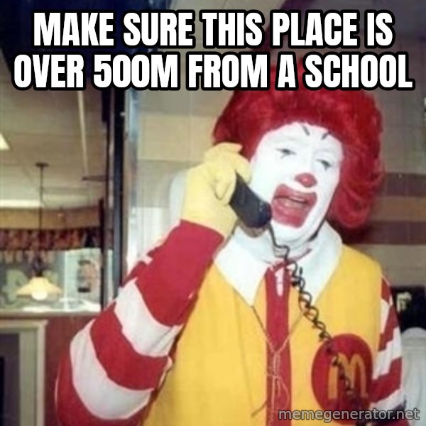 Ronald Mcdonald Call meme: make sure this place is over 500m from a school