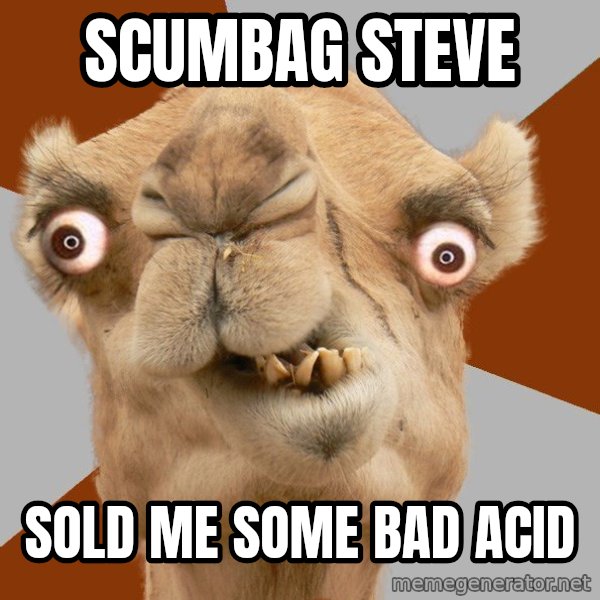 Crazy Camel lol meme: scumbag steve / sold me some bad acid
