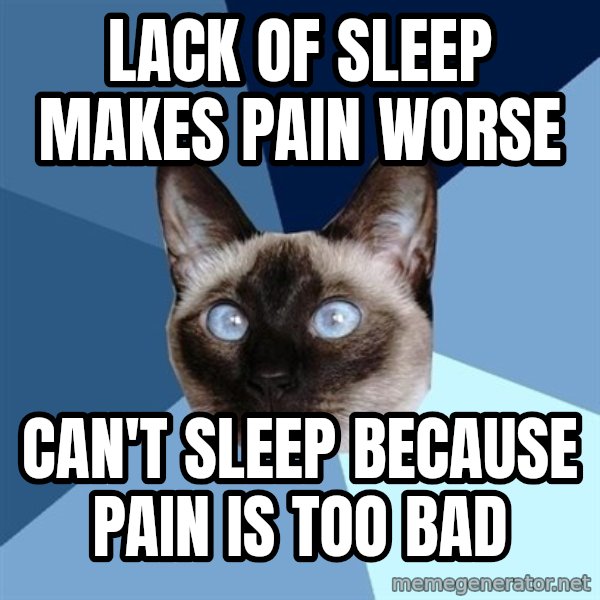 Chronic Illness Cat meme: lack of sleep makes pain worse / can't sleep because pain is too bad