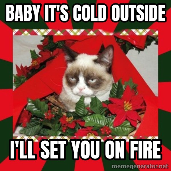 GRUMPY CAT ON CHRISTMAS meme: baby it's cold outside / I'll set you on fire