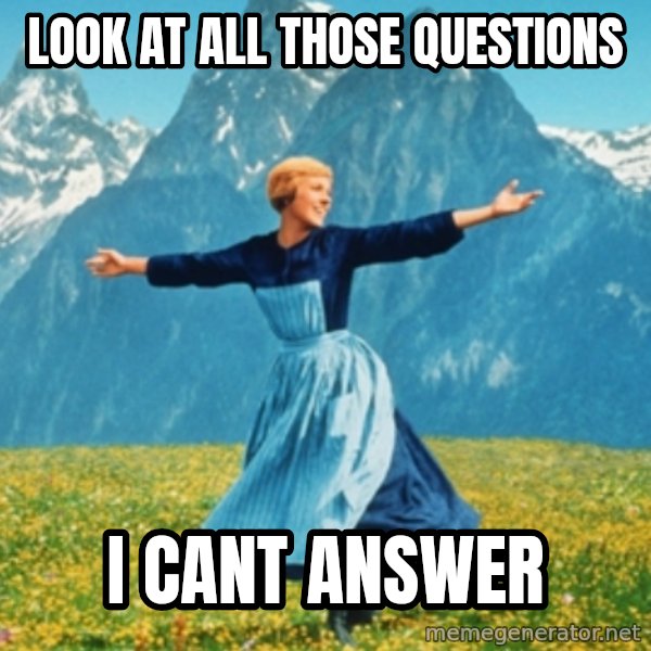 Sound Of Music Lady meme: LOOK AT ALL THOSE QUESTIONS / I CANT ANSWER