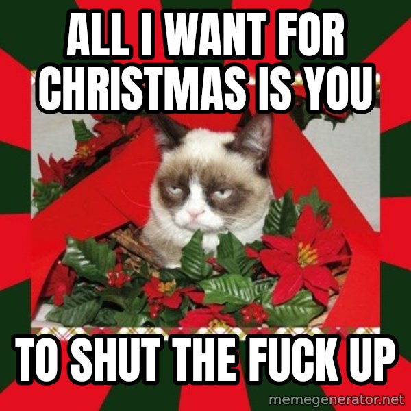 GRUMPY CAT ON CHRISTMAS meme: all i want for christmas is you / to shut the fuck up