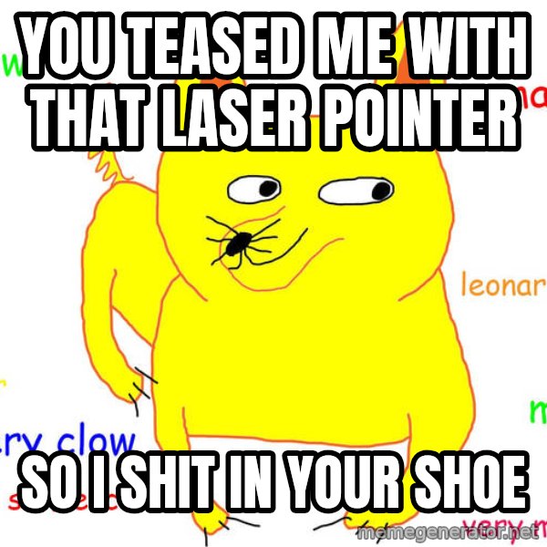 Grumpy Cat  meme: you teased me with that laser pointer / so i shit in your shoe