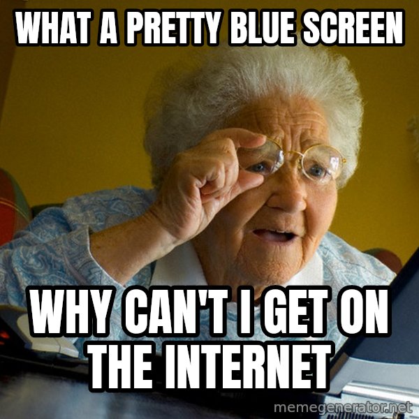 Internet Grandma Surprise meme: What a pretty blue screen / why can't i get on the internet