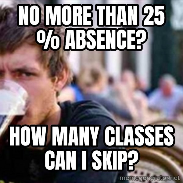The Lazy College Senior meme: no more than 25 % absence? / how many classes can i skip?