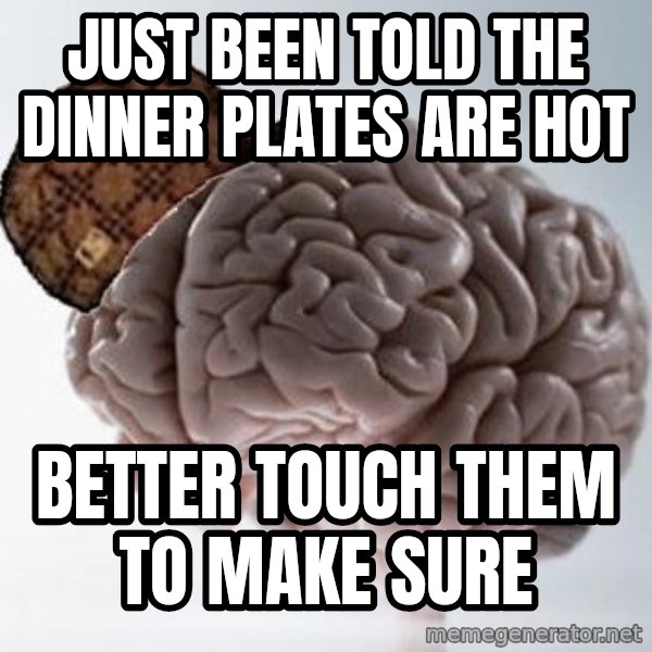 Scumbag Brain meme: just been told the dinner plates are hot / better touch them to make sure