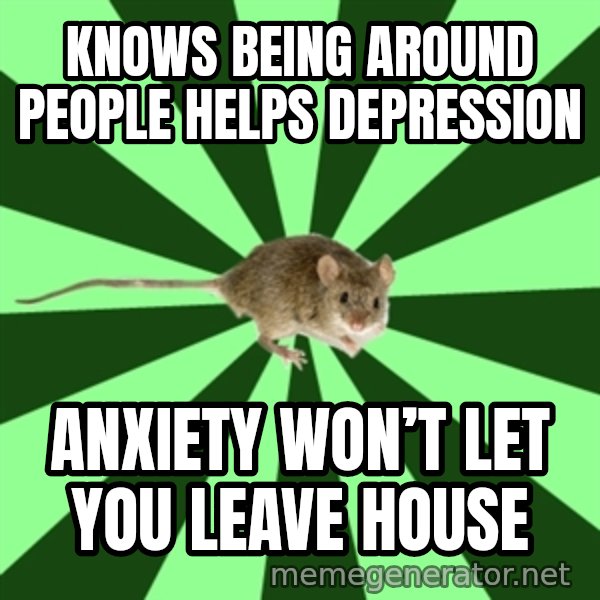 Mental Illness Mouse meme: Knows being around people helps depression / Anxiety won’t let you leave house