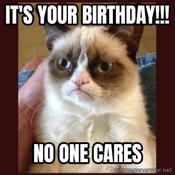 Grumpy Cat  meme: It's your birthday!!! / No one cares