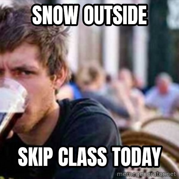 The Lazy College Senior meme: snow outside / skip class today
