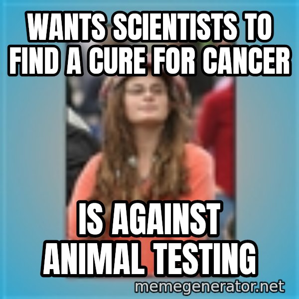 hippie girl meme: WANTS SCIENTISTS TO FIND A CURE FOR CANCER / IS AGAINST ANIMAL TESTING