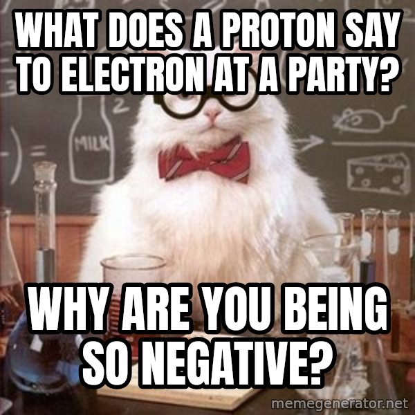 Chemistry Cat meme: what does a proton say to electron at a party? / why are you being so negative?