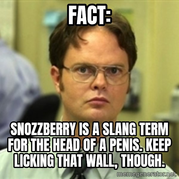 Dwight Schrute meme: fACT: / Snozzberry is a slang term for the head of a penis. keep licking that wall, though.