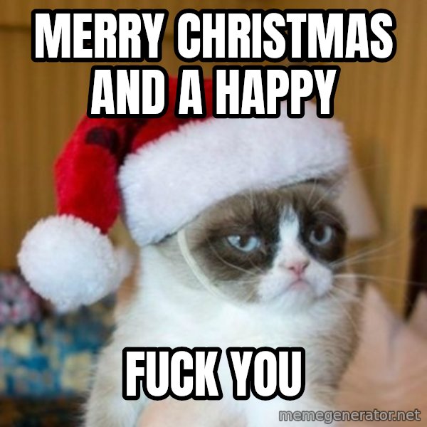 Grumpy Cat Santa Hat meme: merry christmas and a happy / fuck you
