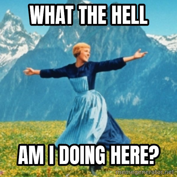 Sound Of Music Lady meme: WHAT THE HELL / AM I DOING HERE?