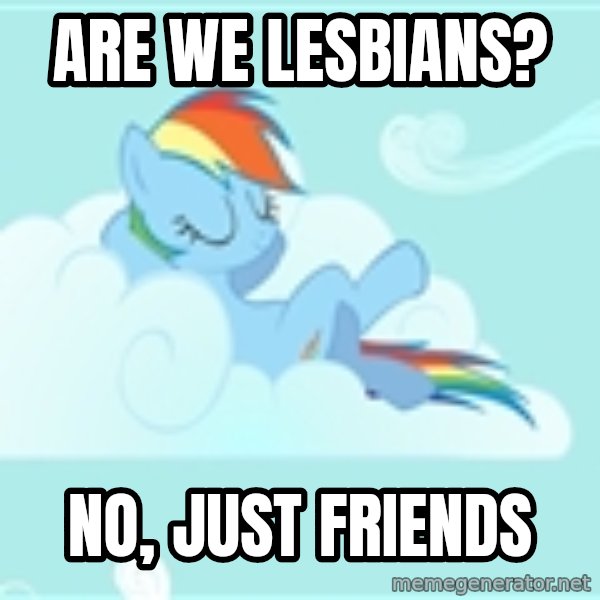 My Little Pony meme: Are we lesbians? / no, just friends