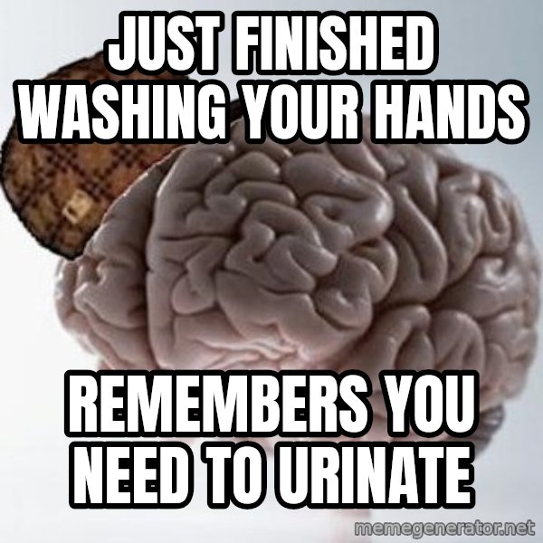 Scumbag Brain meme: just finished washing your hands / remembers you need to urinate