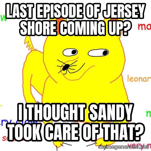 Grumpy Cat  meme: last episode of jersey shore coming up? / I thought sandy took care of that?