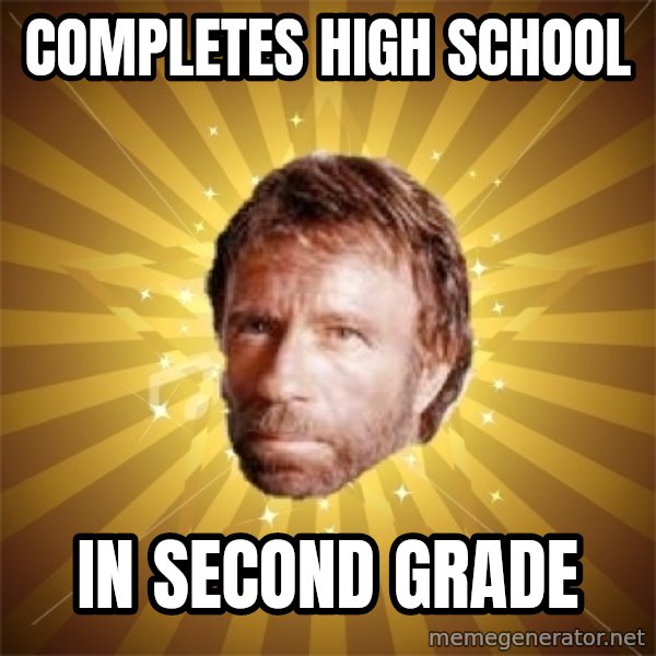 Chuck Norris Advice meme: completes high school / in second grade