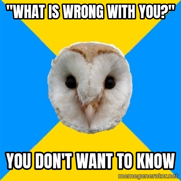 Bipolar Owl meme: "what is wrong    with you?" / you don't want      to know