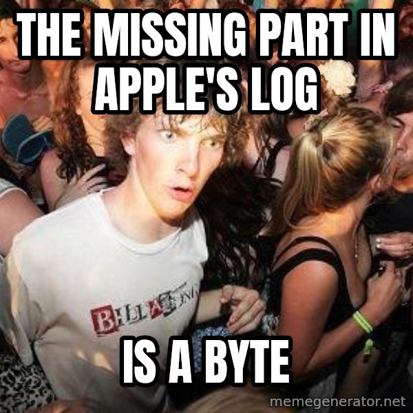 Sudden Realization Ralph meme: the missing part in apple's log / is a byte