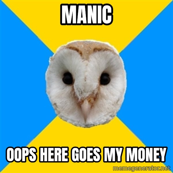 Bipolar Owl meme: manic / oops here goes my money