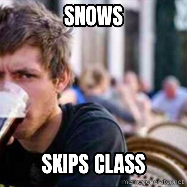 The Lazy College Senior meme: Snows / Skips class