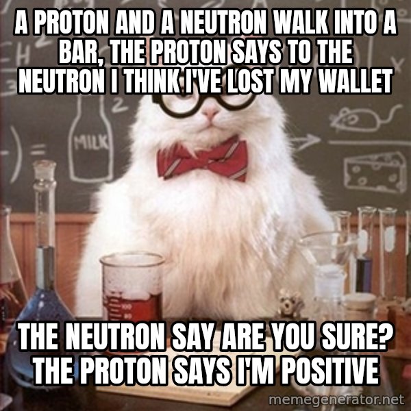 Science Cat meme: A proton and a neutron walk into a bar, the proton says to the neutron i think i've lost my wallet / The neutron say are you sure? The proton says i'm positive