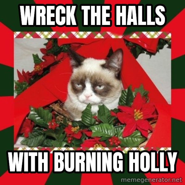 GRUMPY CAT ON CHRISTMAS meme: Wreck the halls / with burning holly