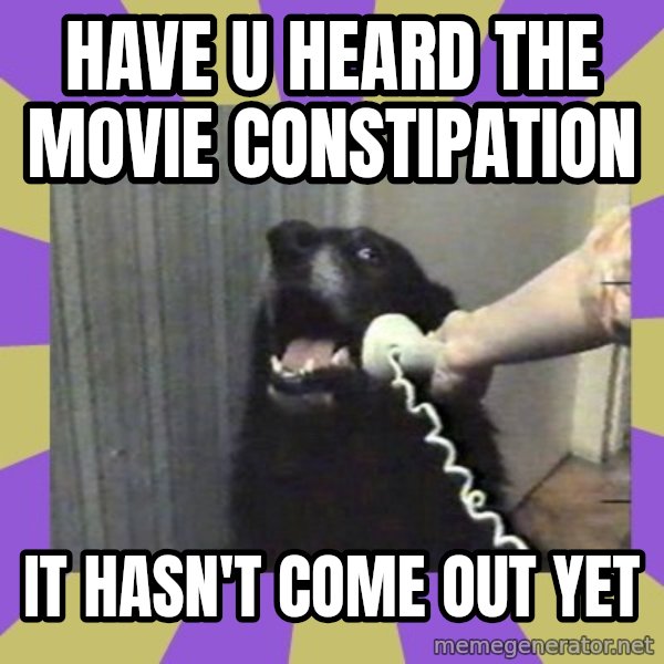Yes, this is dog! meme: HAVE U HEARD THE MOVIE CONSTIPATION / IT HASN'T COME OUT YET