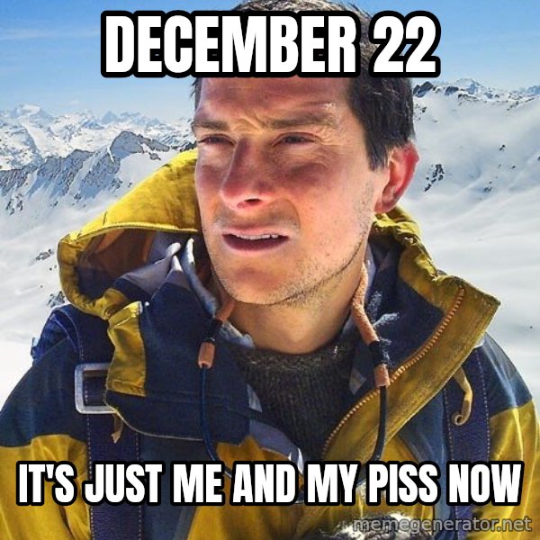 Bear Grylls Loneliness meme: december 22 / it's just me and my piss now