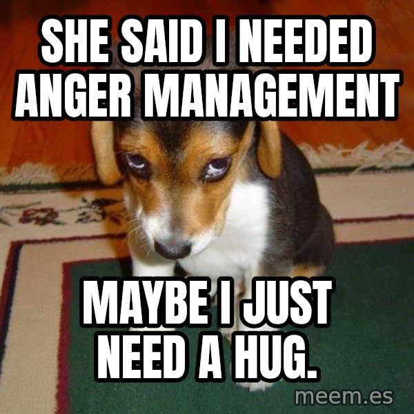 Sad Puppy meme: she said I needed anger management / maybe I just need a hug.
