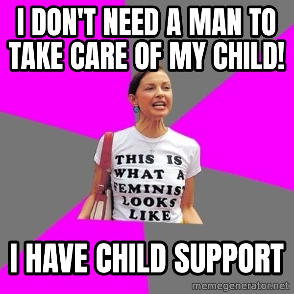 Feminist Cunt meme: I don't need a man to take care of my child! / i have child support