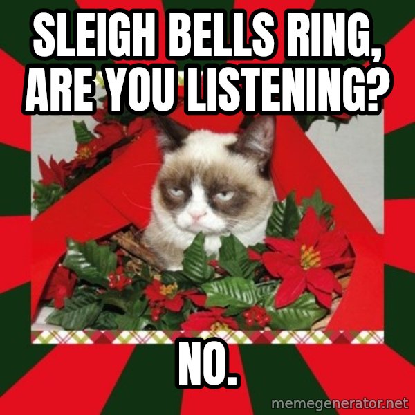 GRUMPY CAT ON CHRISTMAS meme: sleigh bells ring, are you listening? / no.