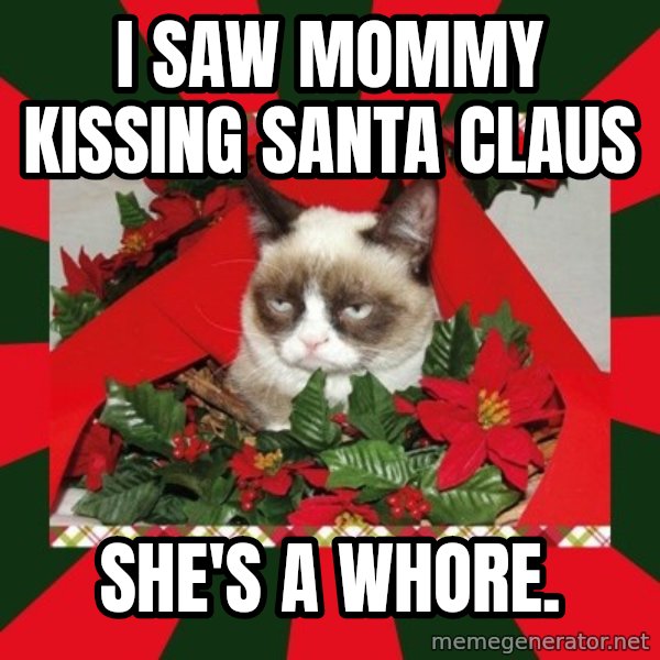 GRUMPY CAT ON CHRISTMAS meme: i saw mommy kissing santa claus / she's a whore.