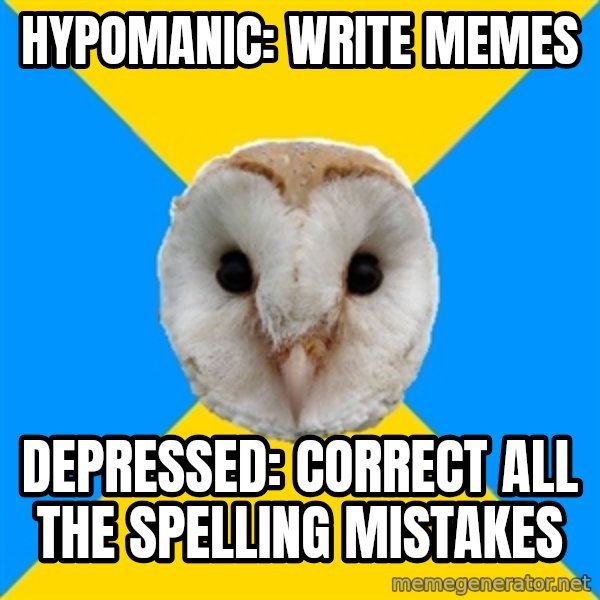 Bipolar Owl meme: hypomanic: write memes / depressed: correct all the spelling mistakes