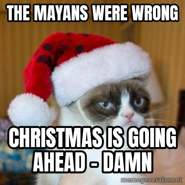 Grumpy Cat Santa Hat meme: THE MAYANS WERE WRONG / CHRISTMAS IS GOING AHEAD - DAMN