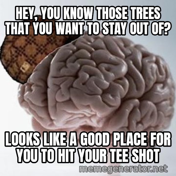 Scumbag Brain meme: Hey, you know those trees that you want to stay out of? / looks like a good place for you to hit your tee shot