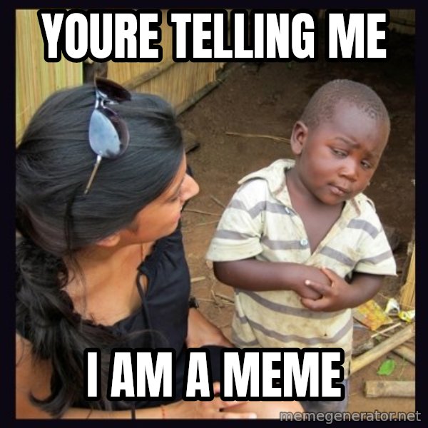 Skeptical 3rd World Kid meme: youre telling me / i am a meme