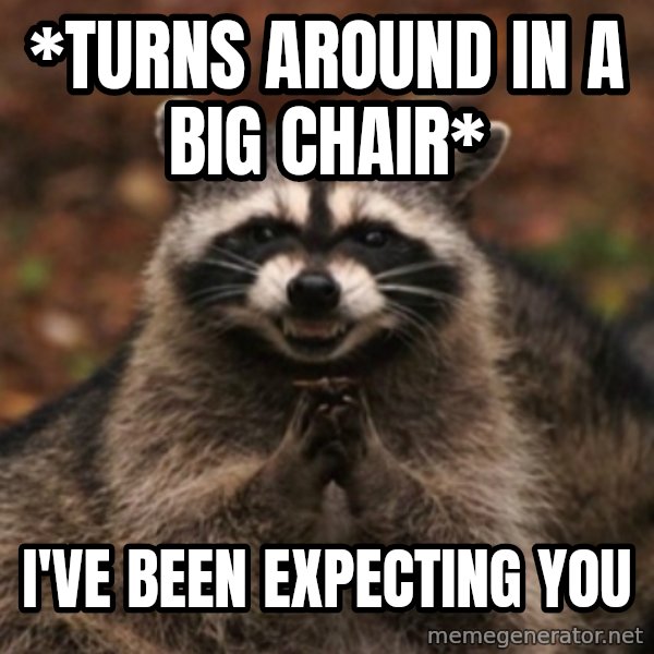evil raccoon meme: *TURNS AROUND IN A BIG CHAIR* / I'VE BEEN EXPECTING YOU