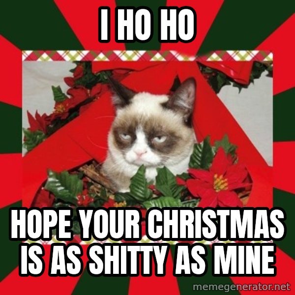 GRUMPY CAT ON CHRISTMAS meme: I ho ho / hope your christmas is as shitty as mine