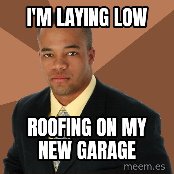 Successful Black Man meme: i'm laying low / roofing on my new garage