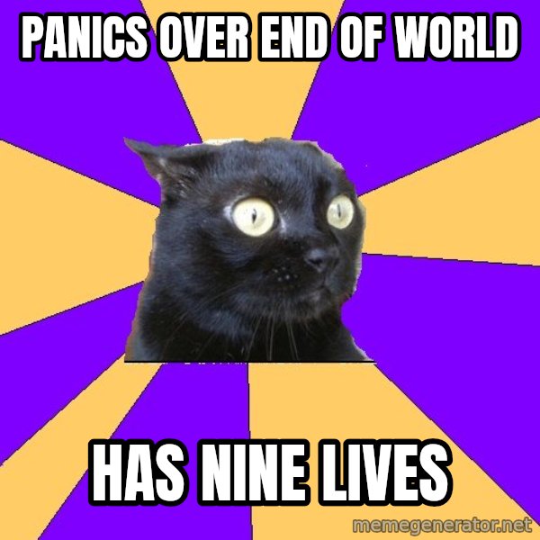 Anxiety Cat meme: Panics over end of world / has nine lives