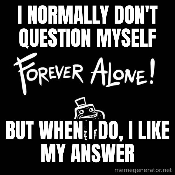 The Most Interesting Man In The World meme: i normally don't question myself / but when i do, I LIKE MY ANSWER