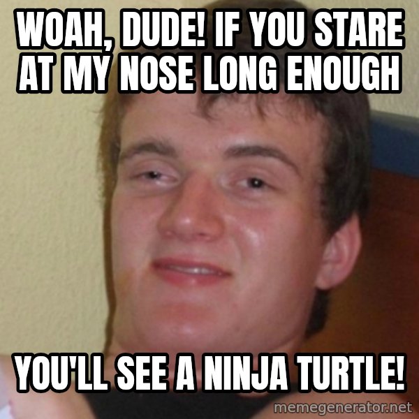 Stoner Stanley meme: Woah, dude! IF you stare at my nose long enough / you'll see a Ninja Turtle!
